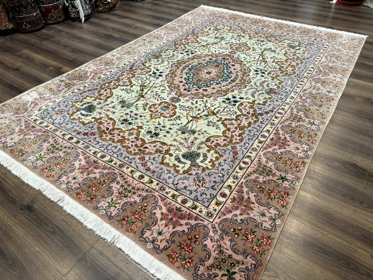Wonderful Persian Tabriz Rug 7x10, Very Fine 330 KPSI, Light Green Light Blue Pink, Kork Wool Silk Foundation, Bird Pictorials - Jewel Rugs, view 3