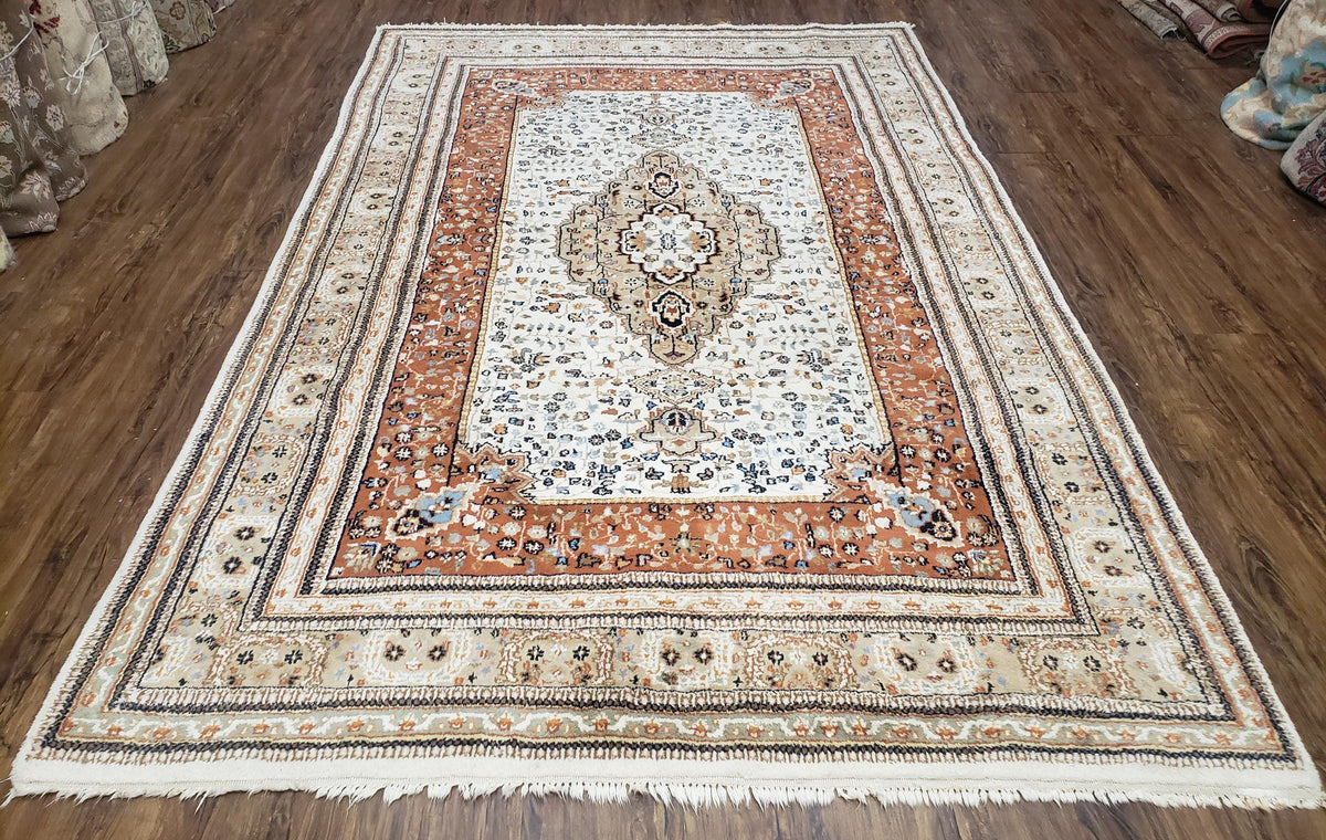 6x9 Vintage Indo-Persian Area Rug, Wool Hand-Knotted Carpet, Ivory & Squash Orange, Floral Medallion Tribal Rug, Indian Carpet, Decorative - Jewel Rugs, view 2