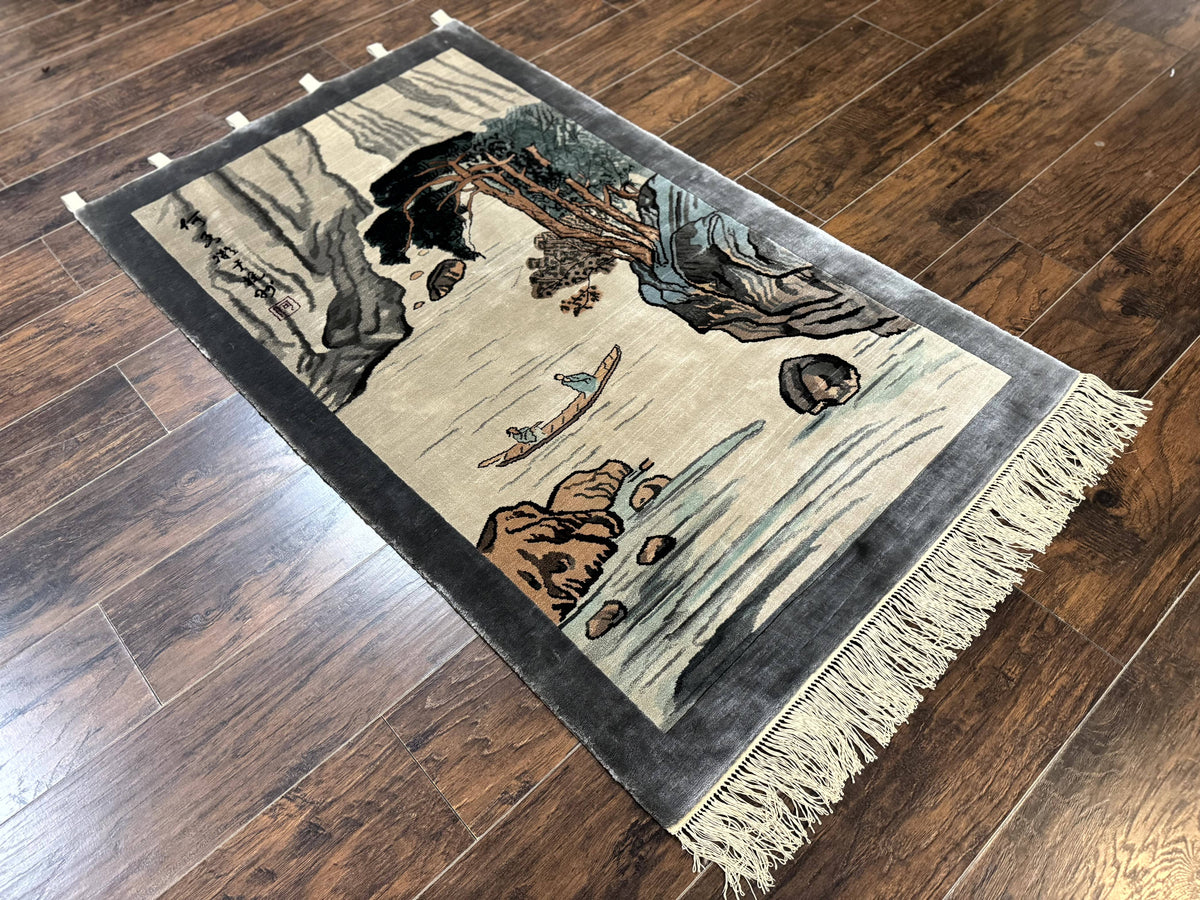Chinese Silk Wall Hanging 3x5, Handmade, River and Boat Scene, Rug Tapestry - Jewel Rugs, view 3