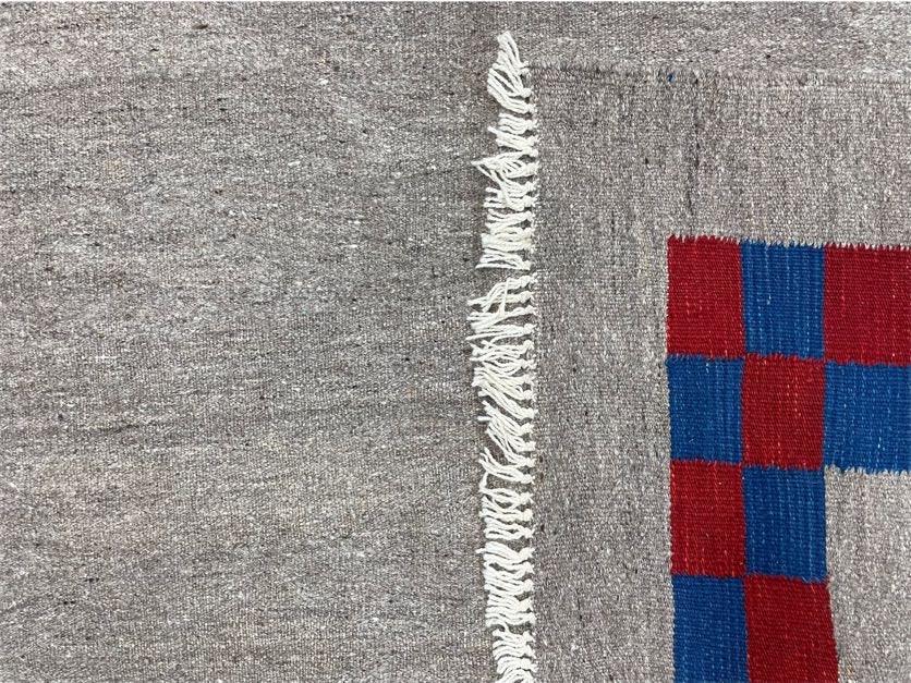 Gray Turkish Kilim Carpet 5' 7" x 7' 7", Medium Kilim Rug, Hand-Knotted, Blue & Red Border, Minimalistic Design, Geometric, Wool, New - Jewel Rugs, view 11