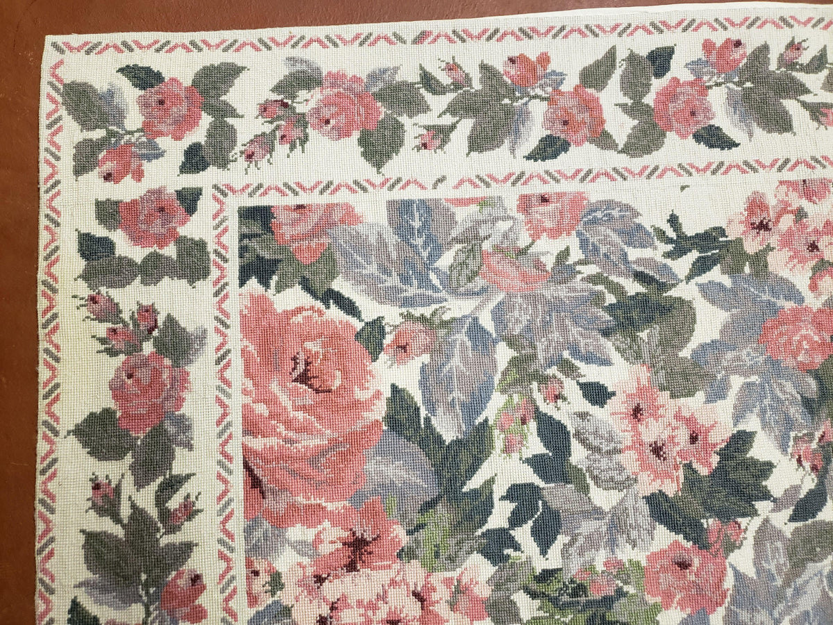 5x8 Needlepoint Rug 5' 4" x 8' 3" Wool Flat Weave Floral New Unused Carpet English Design Ivory Large Pink Flowers Green Leaves Hand-Knotted - Jewel Rugs, view 7