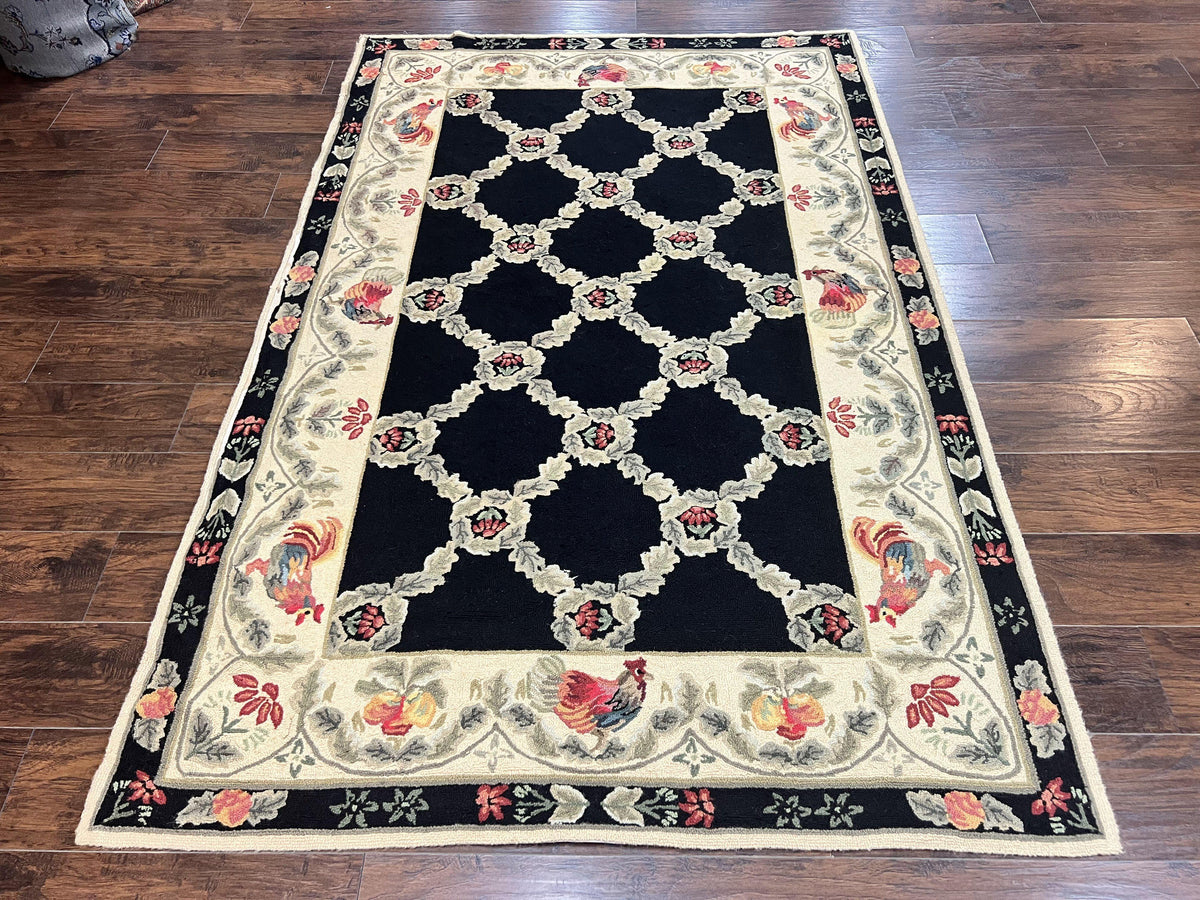 Hooked Rug 5x8, European Aubusson Pattern, Black and Ivory, Roses & Roosters, Vintage Wool Rug - Jewel Rugs, view 13