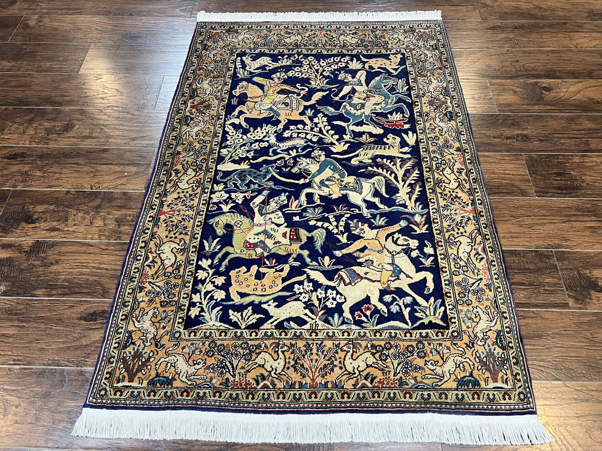 Persian Qum Hunting Design Rug 4x5, Wool Hand Knotted Vintage Oriental Carpet, Navy Blue & Mustard, Horsemen Animal Pictorials, Rare - Jewel Rugs, view 2