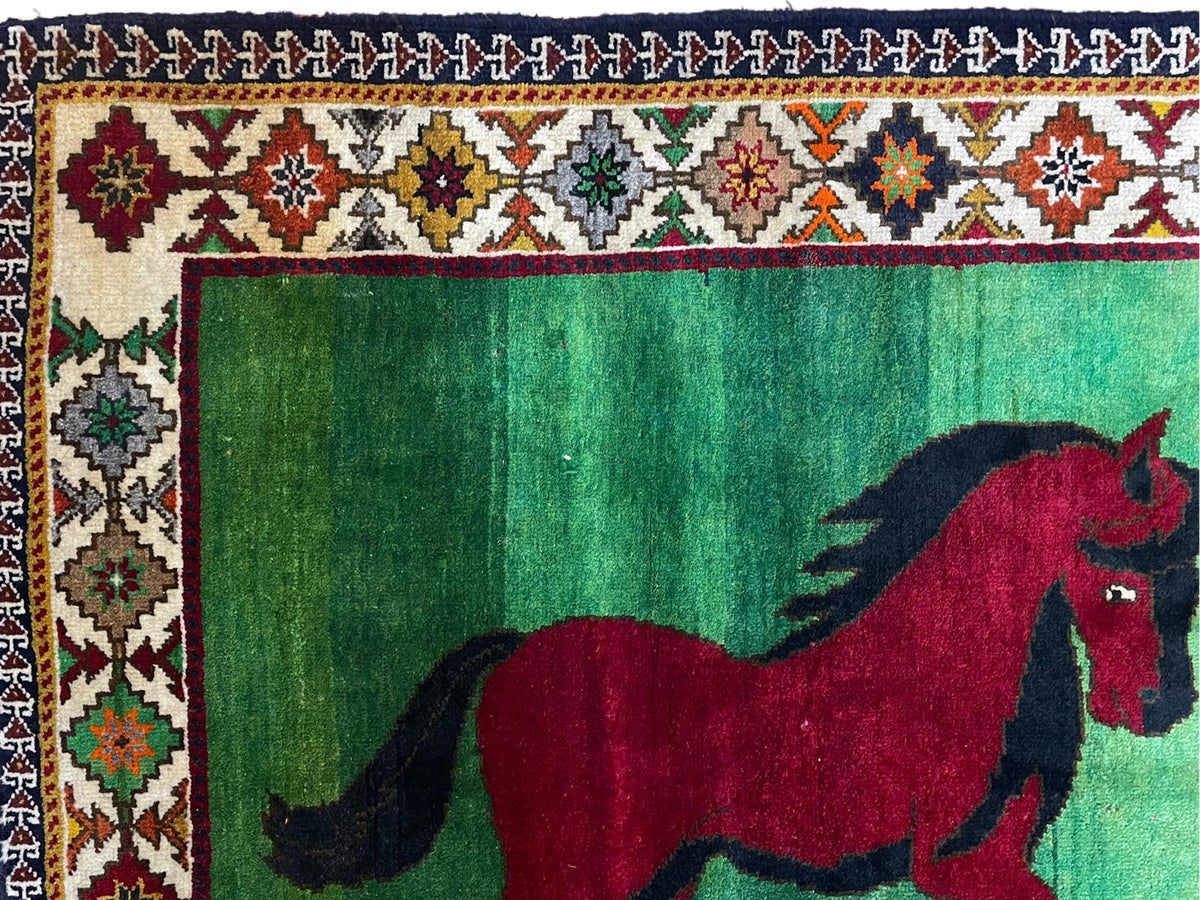 4 X 7 Handmade Rug Zagros Quality Wool Pictorial Horses Green Butterfly Colorful - Jewel Rugs, view 4