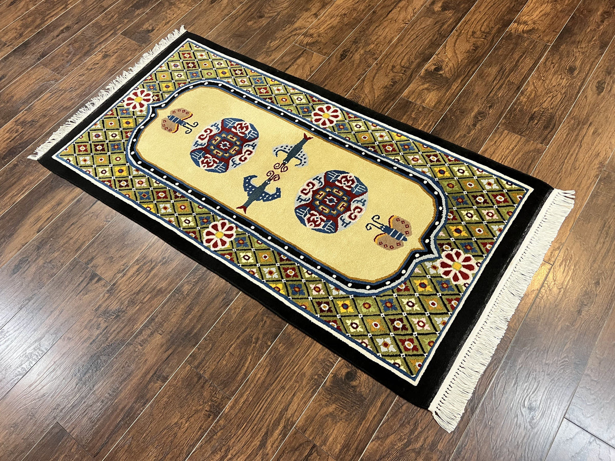 Chinese Rug 3x6 ft, Chinese Wool Rug, Tiensin Rug, Handmade Wool 3 x 6 Vintage Peking Rug, Art Deco Rug, Butterflies - Jewel Rugs, view 13
