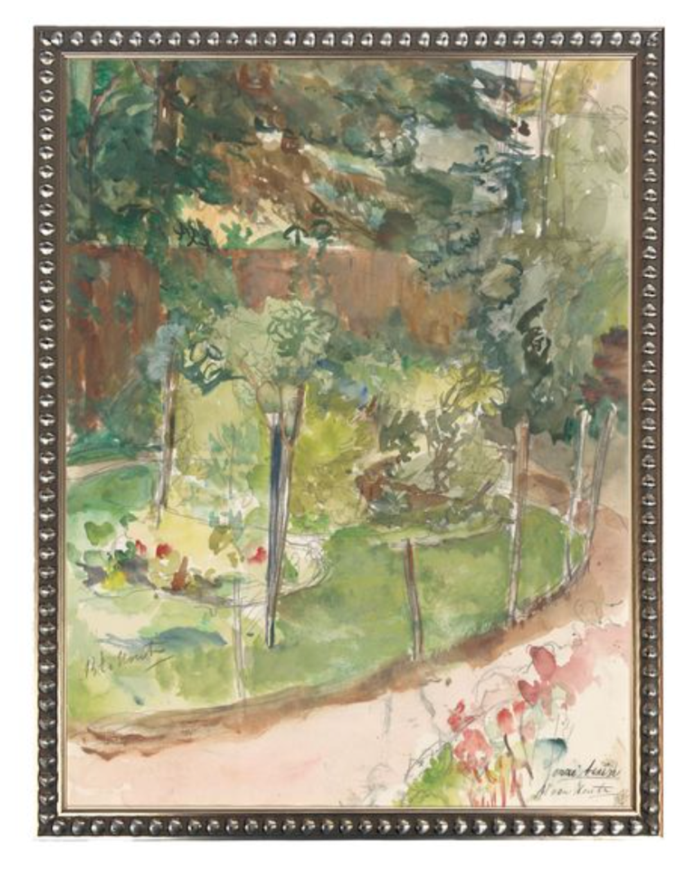 Garden Painting in Silver-Beaded Frame - Antique Curiosities