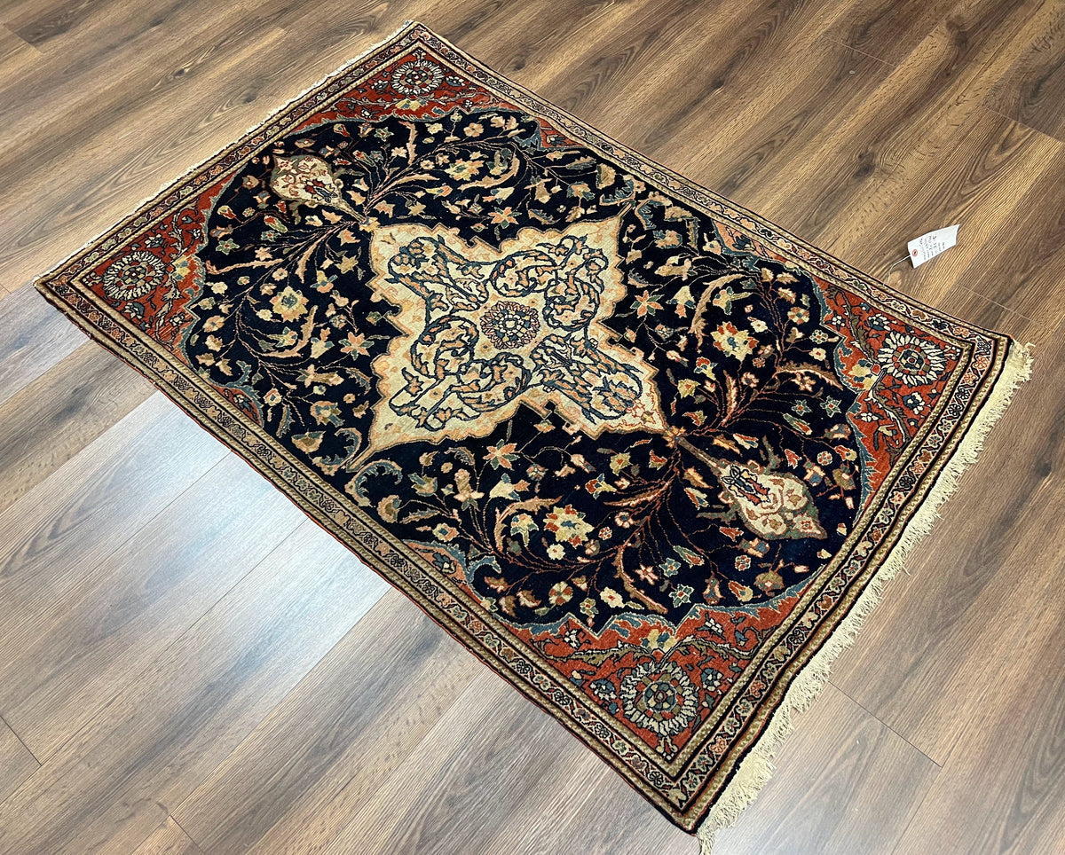Antique Persian Rug 3.5 x 5, Sarouk Farahan Rug, High Quality 1920s Fine Oriental Carpet 3 x 5 ft, Large Medallion, Floral, Navy Blue Red, Hand Knotted Wool Rug - Jewel Rugs, view 13