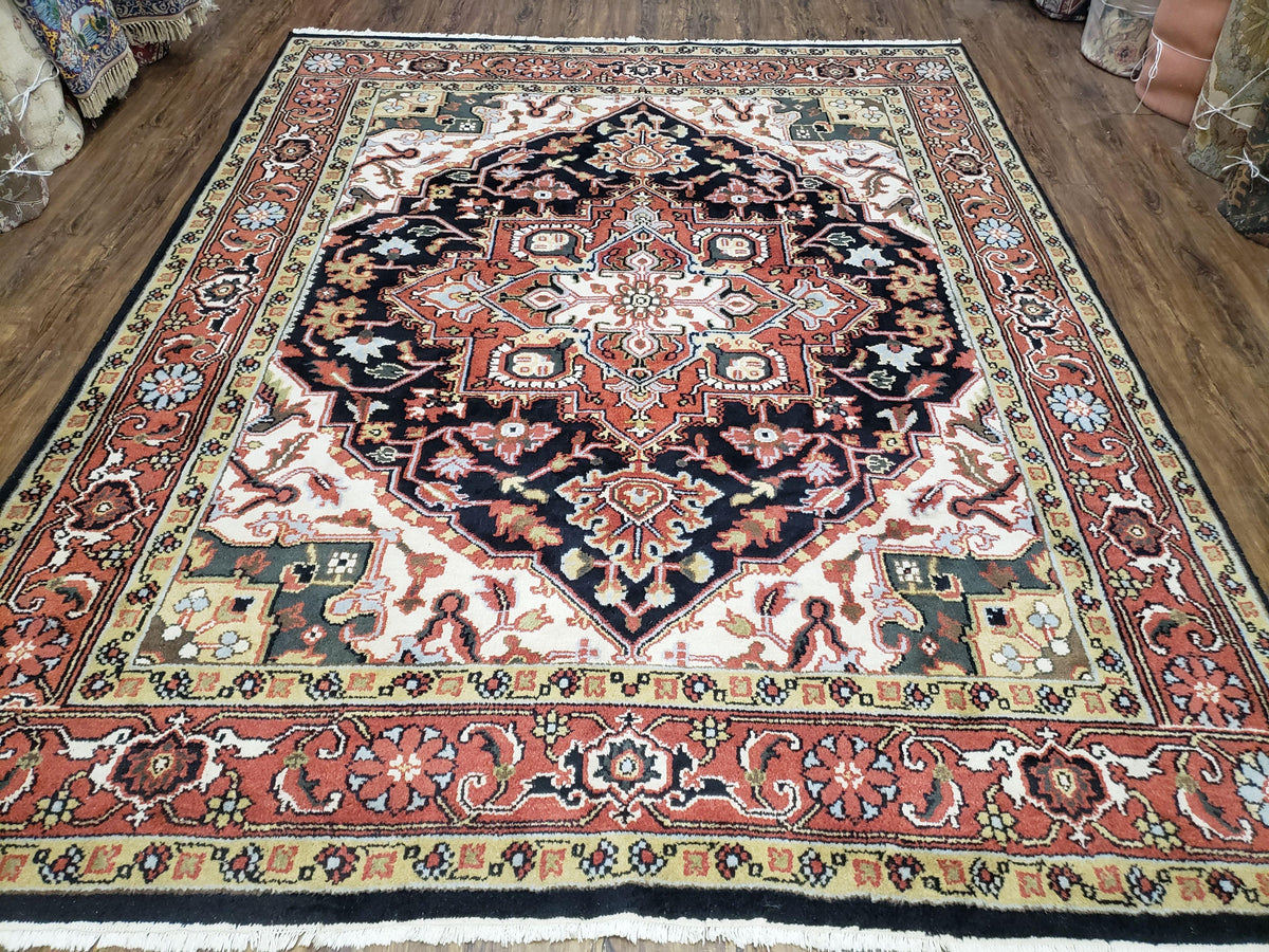 Vintage Indo Heriz Area Rug 8x10, Indo Persian Carpet 8 x 10, Red Dark Blue & Beige/Cream Indian Rug, Decorative Pattern, Wool, Hand-Knotted - Jewel Rugs, view 2