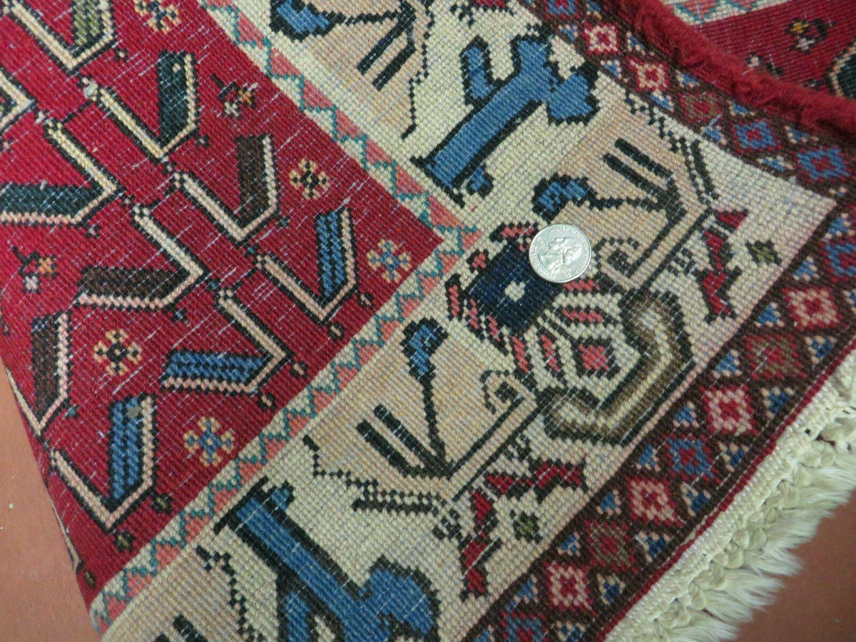 3' X 5' Vintage Handmade India Geometric Oriental Wool Rug Nice Birds Ivory Red - Jewel Rugs, view 11