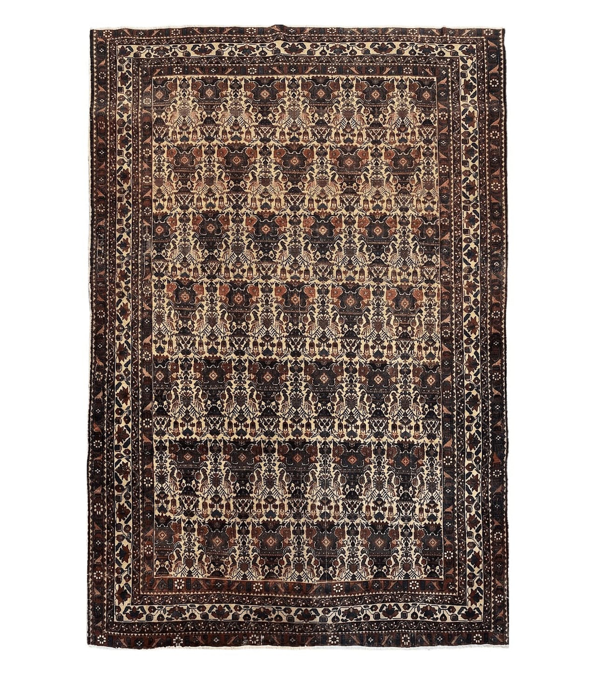 Antique Persian Afshar Rug 5x7, Wool Hand Knotted Oriental Carpet 5 x 7 ft, Repeated Motif Allover, Cream and Maroon, Tribal Rug, Medium Sized Rug,  Zil-i-Sultan Design - Jewel Rugs