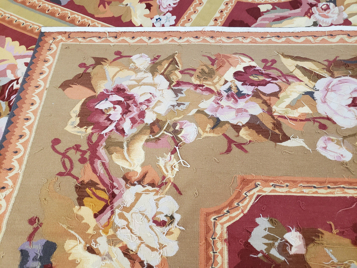 Vintage Chinese Aubusson Savonnerie Flat Pile Rug 9.9 x 14.5 Wool Handwoven Red & Khaki Large Flowers Rug 9x14 - 10x15 Michaelian Kolhberg - Jewel Rugs, view 11