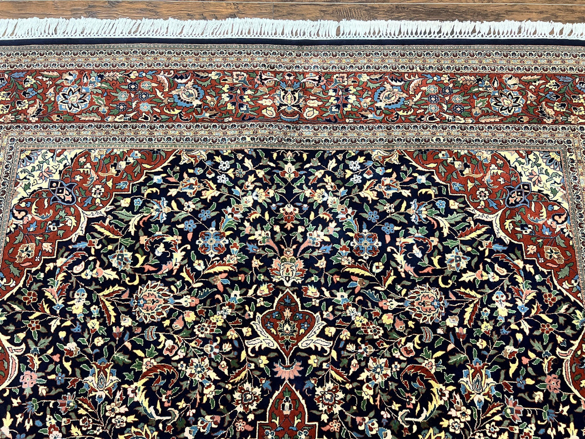 Indo Persian Rug 8x10, Floral Medallion, Vintage Handmade Wool Carpet, Navy Blue and Red, Fine 300 KPSI - Jewel Rugs, view 4