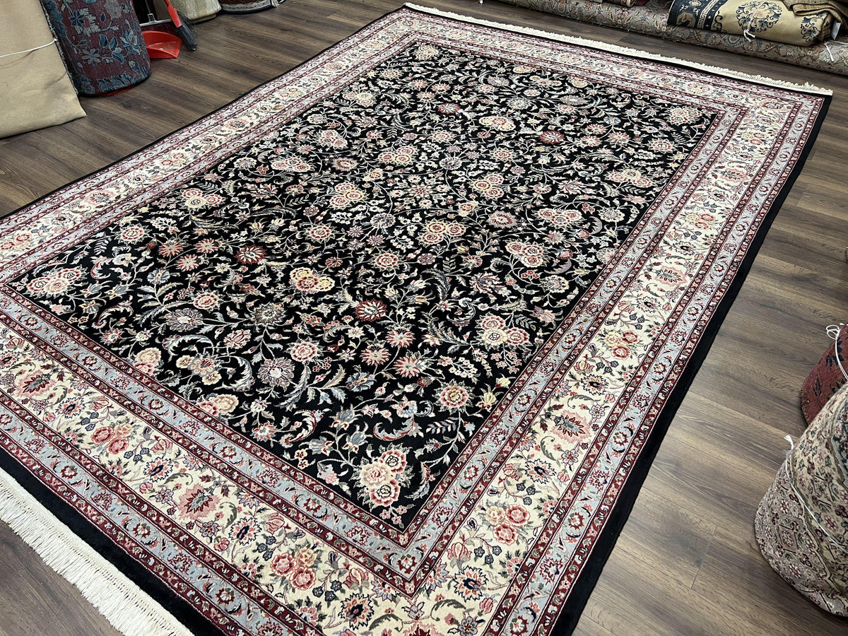 Pak Persian Rug 9x12, Floral Allover, Hand Knotted Oriental Carpet 9 x 12 ft, Black and Cream, Detailed, Wool with Silk Highlights, Vintage - Jewel Rugs, view 2
