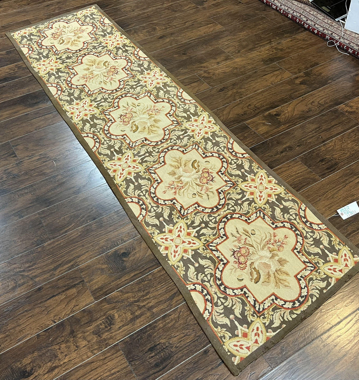 Needlepoint Runner Rug 2.8 x 9.8, Brown and Beige, Handwoven Handmade Floral French European Design, Vintage Flatweave 10ft Wool Runner Rug - Jewel Rugs, view 4