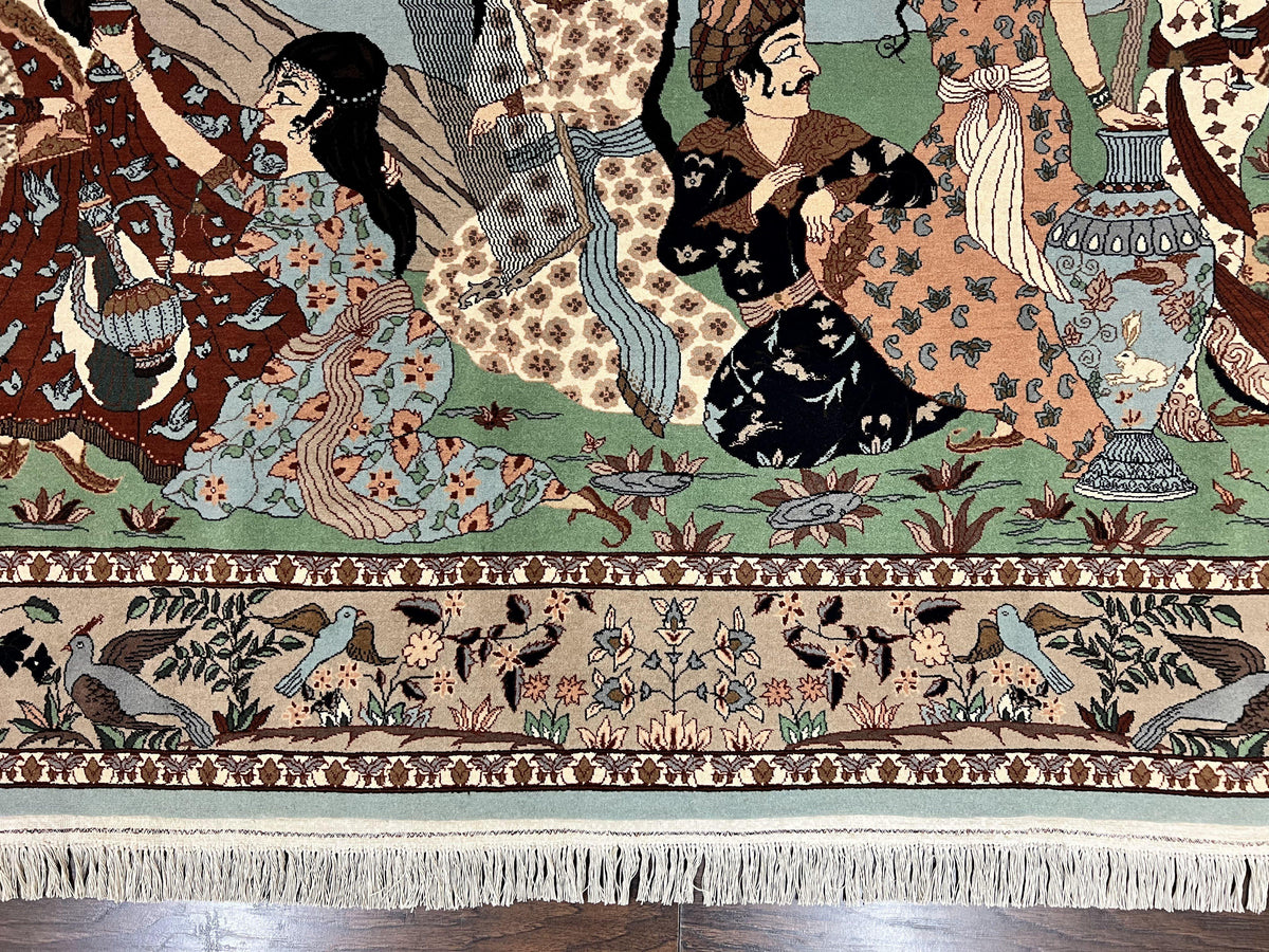 Indo Persian Pictorial Rug 4x7, Handmade Hand Knotted Wool Semi Antique Horizontal Carpet, Men & Women Drinking, Fine Rug, Bird Pictorials - Jewel Rugs, view 5