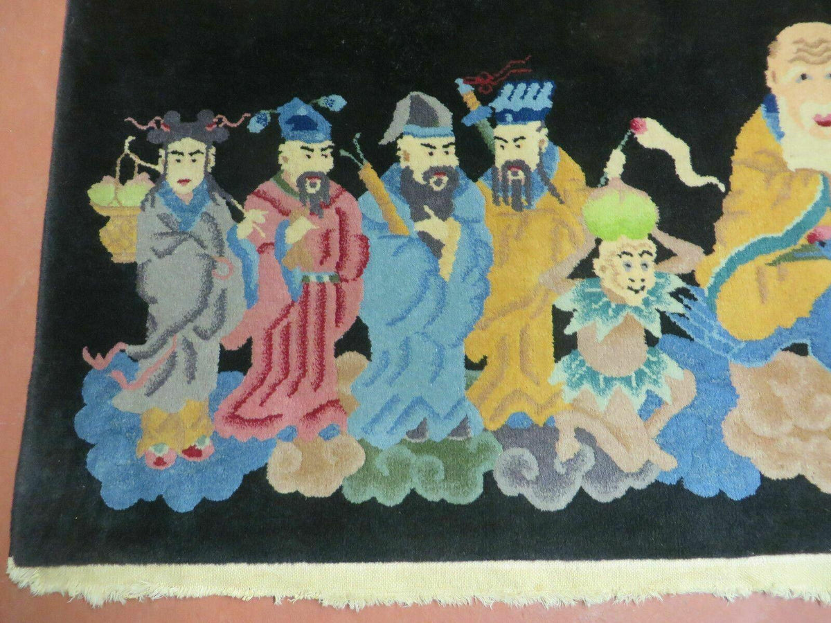 Chinese Wool Pictorial Rug 3x6 Counsel of Wise Elders Philosophers, Vintage Hand Knotted Black Chinese Carpet, Swan, Clouds Confucius, Rare - Jewel Rugs, view 9