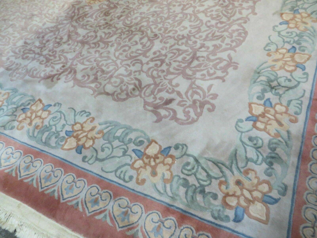9' X 12' Vintage Handmade Chinese Carving Sculpture Wool Rug Flower Design Pink Carpet - Jewel Rugs, view 3