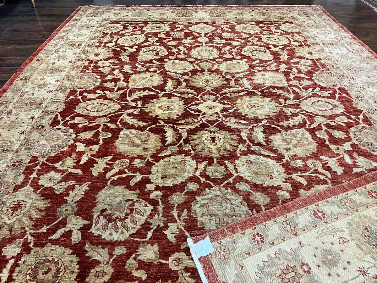 Pak Persian Rug 10x14, Sultanabad Mahal Peshawar Chobi Carpet, Large Vintage Wool Oriental Rug, Maroon & Beige, Floral Allover, Handmade - Jewel Rugs, view 12