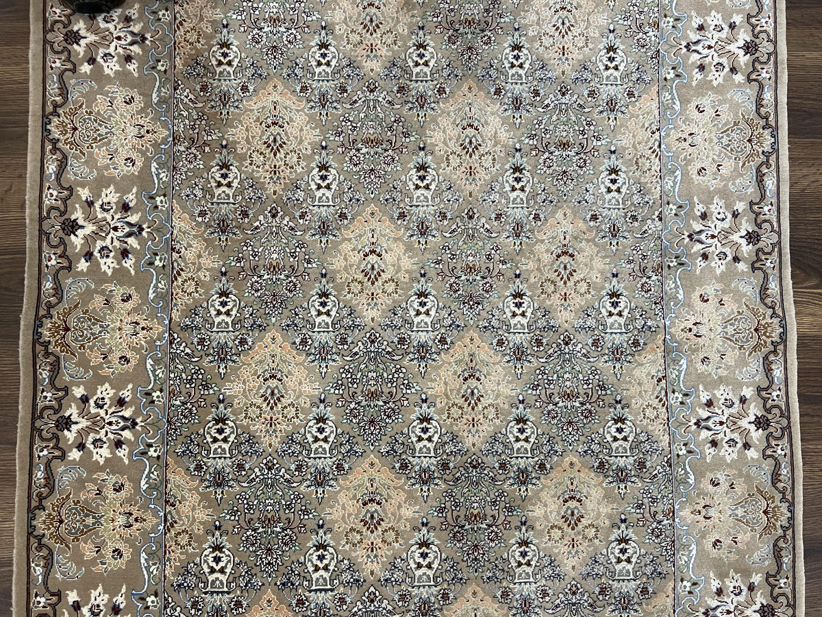 Super Fine Persian Isfahan Rug 3x5 ft, Kork Wool on Silk Foundation, Repeated Floral Motif, Taupe Tan Hand Knotted Oriental Carpet 3 x 5 ft, Signed - Jewel Rugs, view 12