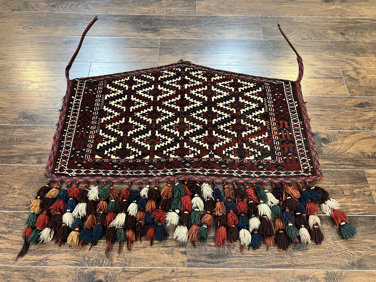 Antique Turkoman Camel Trapping, Turkoman Asmalyk, Red Black Ivory, Handmade, Hand Knotted Tribal Collectible Rug, Rare - Jewel Rugs, view 2