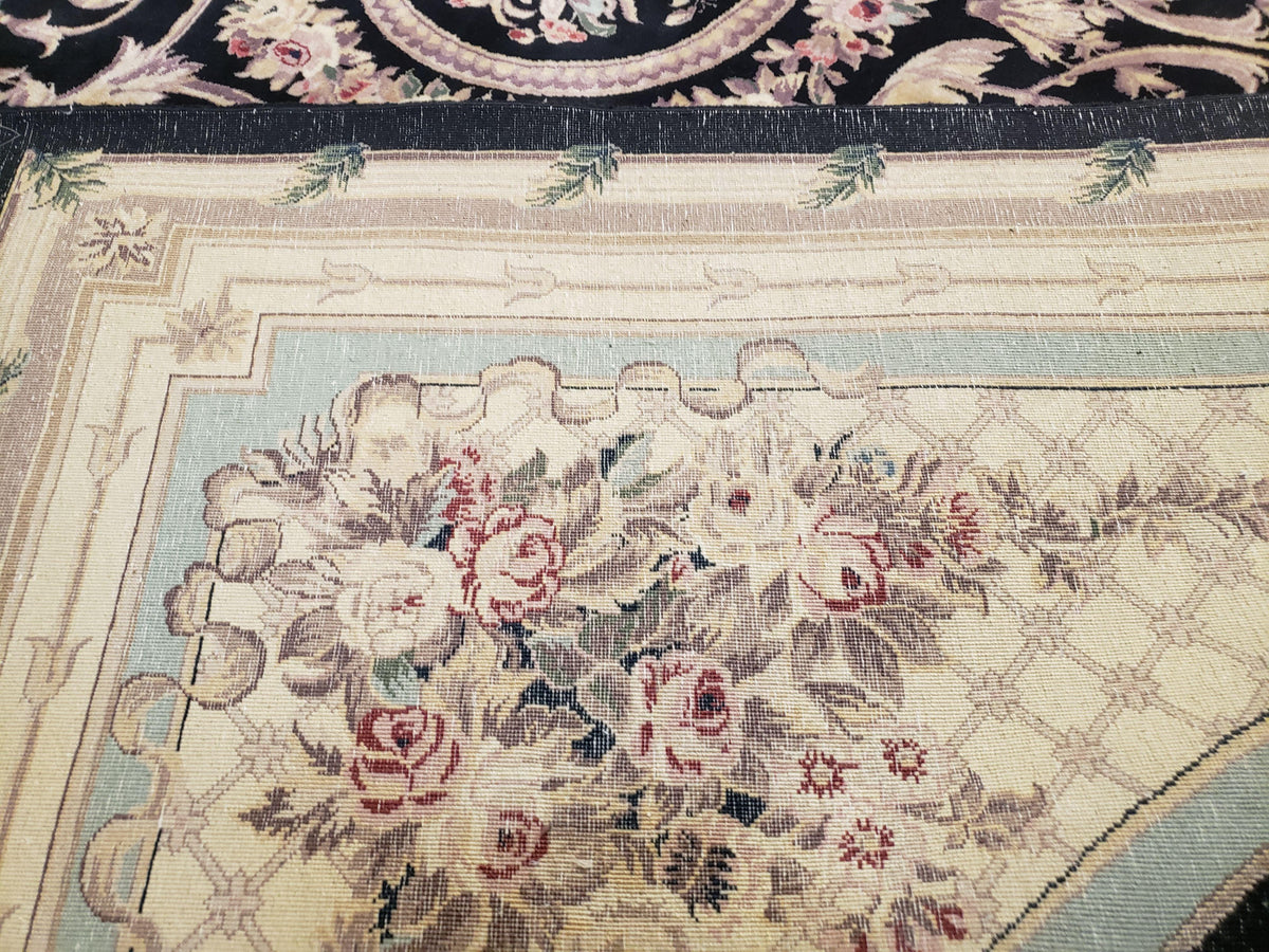 8x10 Aubusson Rug, Fine Hand Knotted Wool Carpet, French European Design, Black & Ivory - Jewel Rugs, view 11