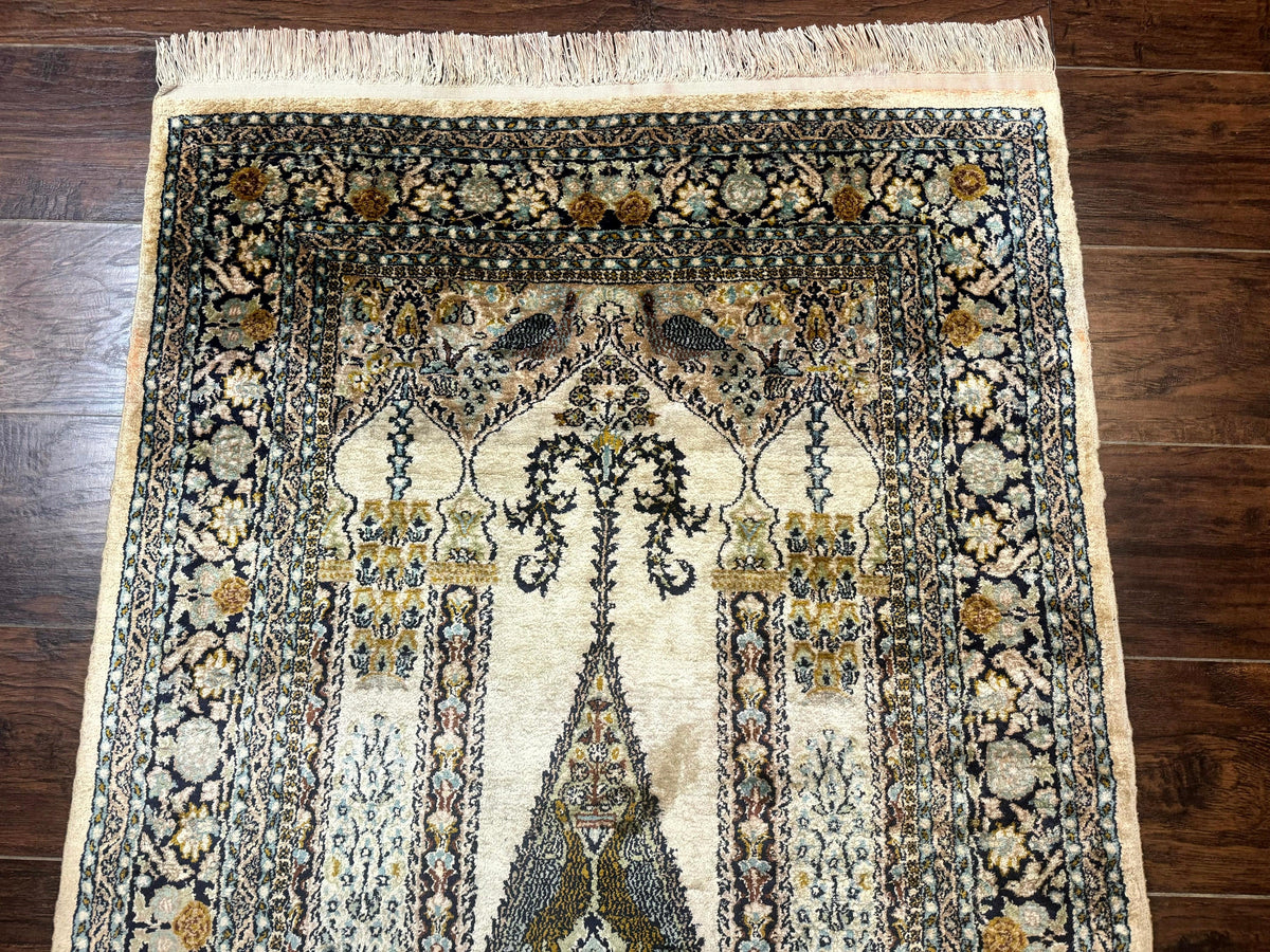 Silk Indian Kashmiri Rug 3x4, Very Fine 400 KPSI, Silk Prayer Rug, Handmade - Jewel Rugs, view 4