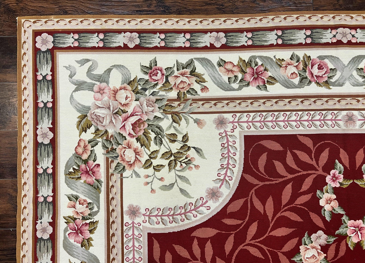 Wonderful Aubusson Rug 9x12, Handmade Vintage Needlepoint Carpet, Red and Ivory, Elegant European Design, Wool - Jewel Rugs, view 7