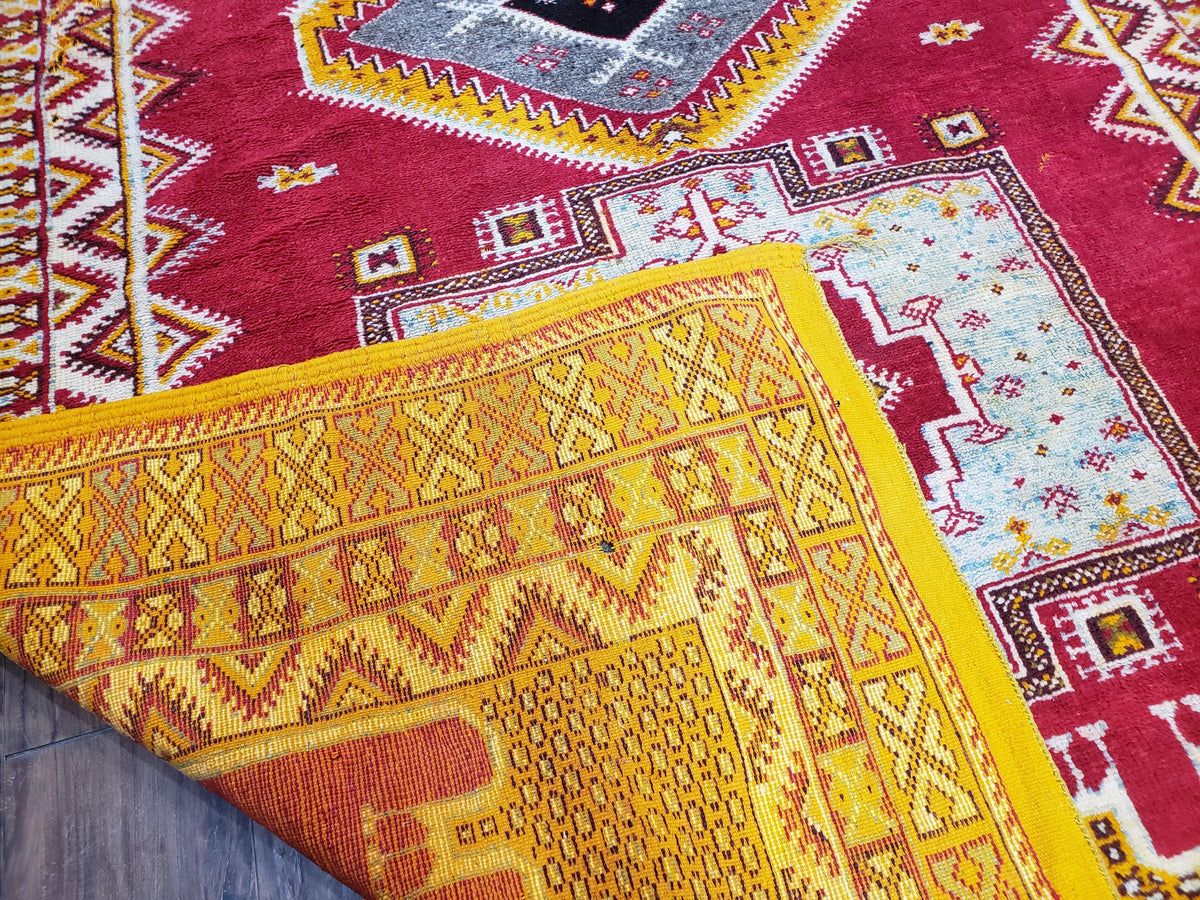 Vintage Moroccan Rug 6x10, Red and Yellow Moroccan Carpet, Handmade Bohemian Tribal Area Rug, Hand-Knotted 1970s Wool Rug, Medalions - Jewel Rugs, view 11