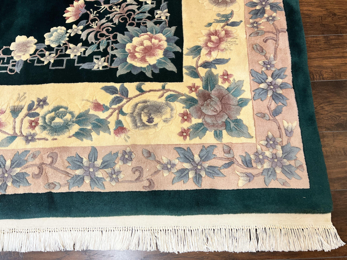 Chinese Art Deco Rug 9x12, Wool Hand Knotted Vintage Carpet, Dark Green & Cream, 90 Line Carving Rug - Jewel Rugs, view 10