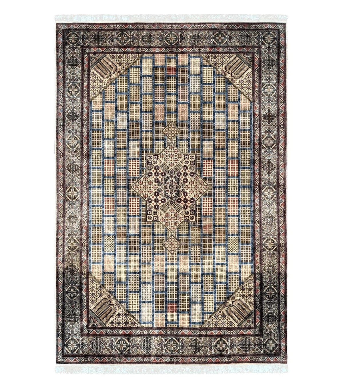 Sino Persian Silk Rug 6.4 x 9.9, Very Fine Hand Knotted Carpet, Panel Design Multicolor, Silk Pile on Silk Foundation, Handmade Vintage - Jewel Rugs
