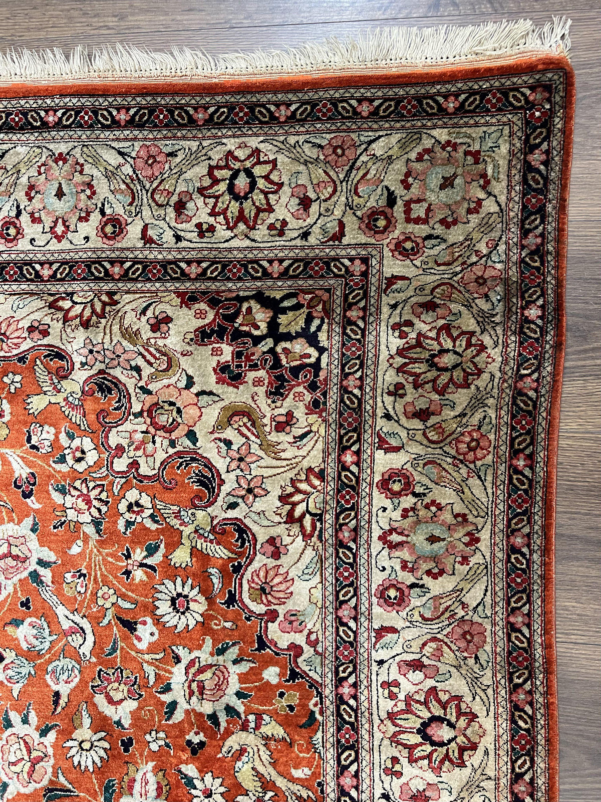 Persian Qum Silk Rug 5x7 - Floral Medallion, Birds, Orange-Red - Jewel Rugs, view 7