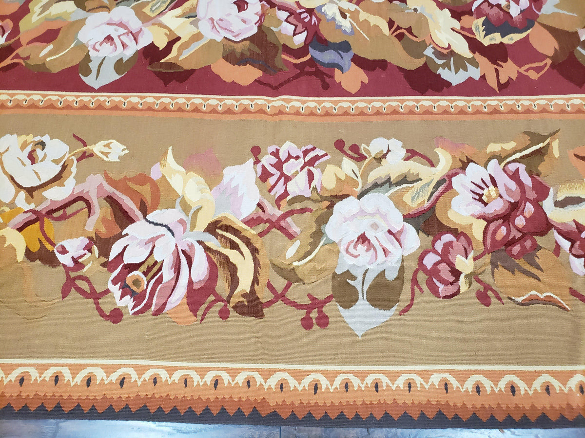 Vintage Chinese Aubusson Savonnerie Flat Pile Rug 9.9 x 14.5 Wool Handwoven Red & Khaki Large Flowers Rug 9x14 - 10x15 Michaelian Kolhberg - Jewel Rugs, view 6