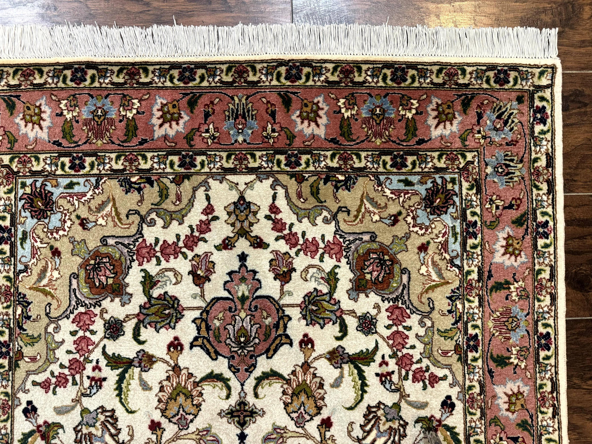 Fine Persian Tabriz Rug 3x5, Floral Medallion, 340 KPSI, Ivory Salmon - Jewel Rugs, view 8