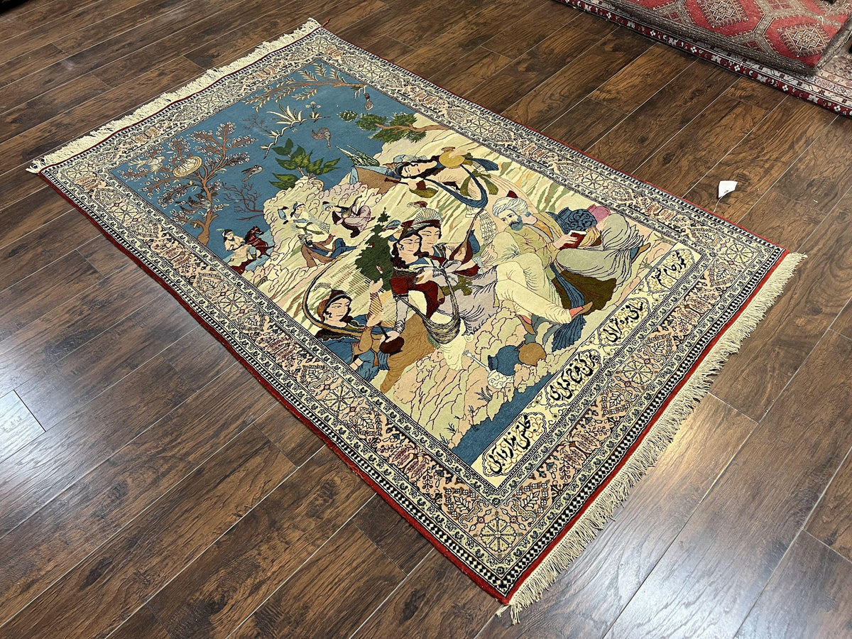 Vintage Persian Qum Pictorial Rug 5x7 - Wool & Silk - Jewel Rugs, view 12