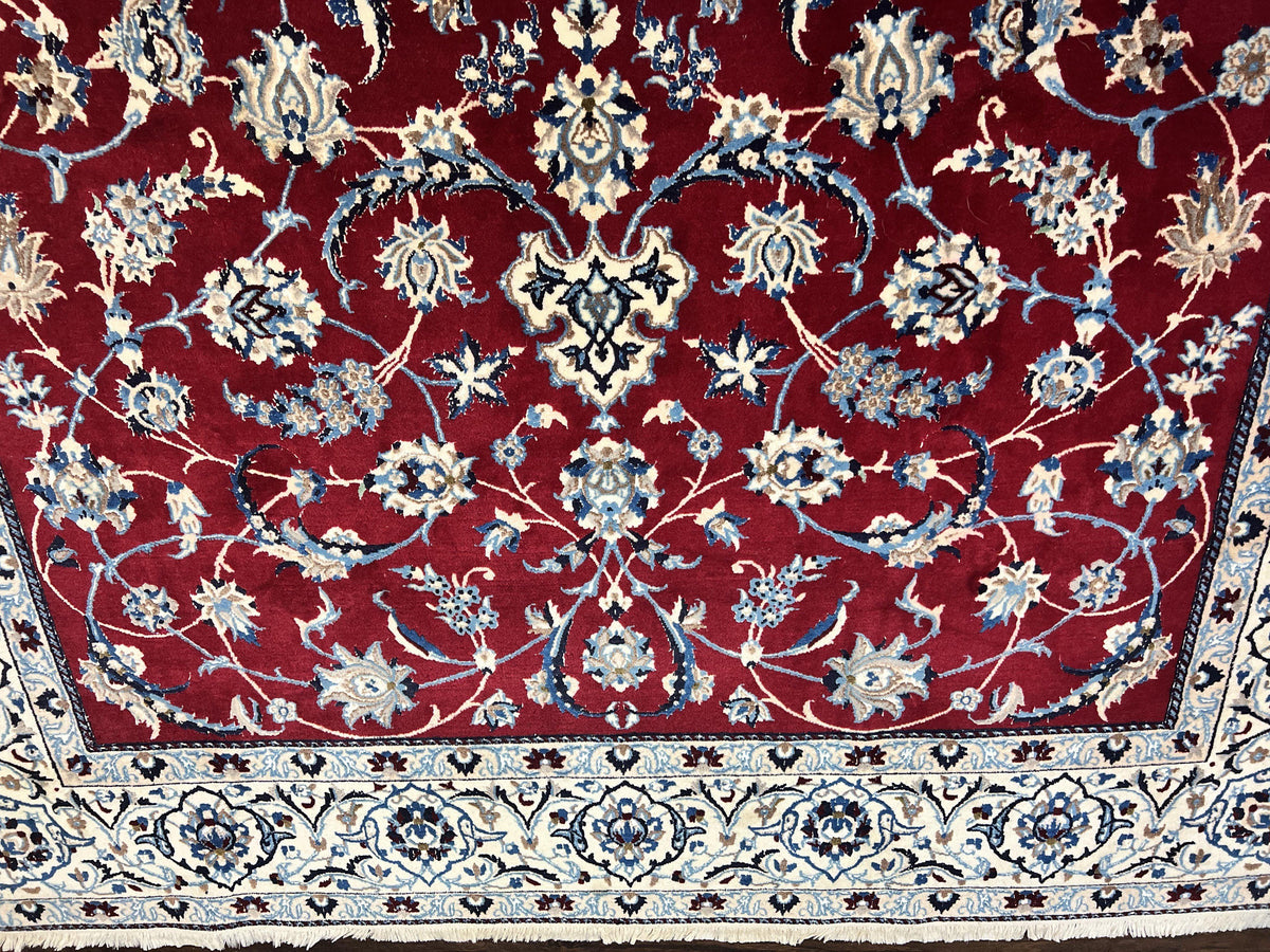 Persian Nain Rug 6x10, Wool and Silk Highlights, Red and Ivory, Floral Medallion, Vintage Handmade Hand Knotted, Fine 225 KPSI, Traditional Rug - Jewel Rugs, view 5