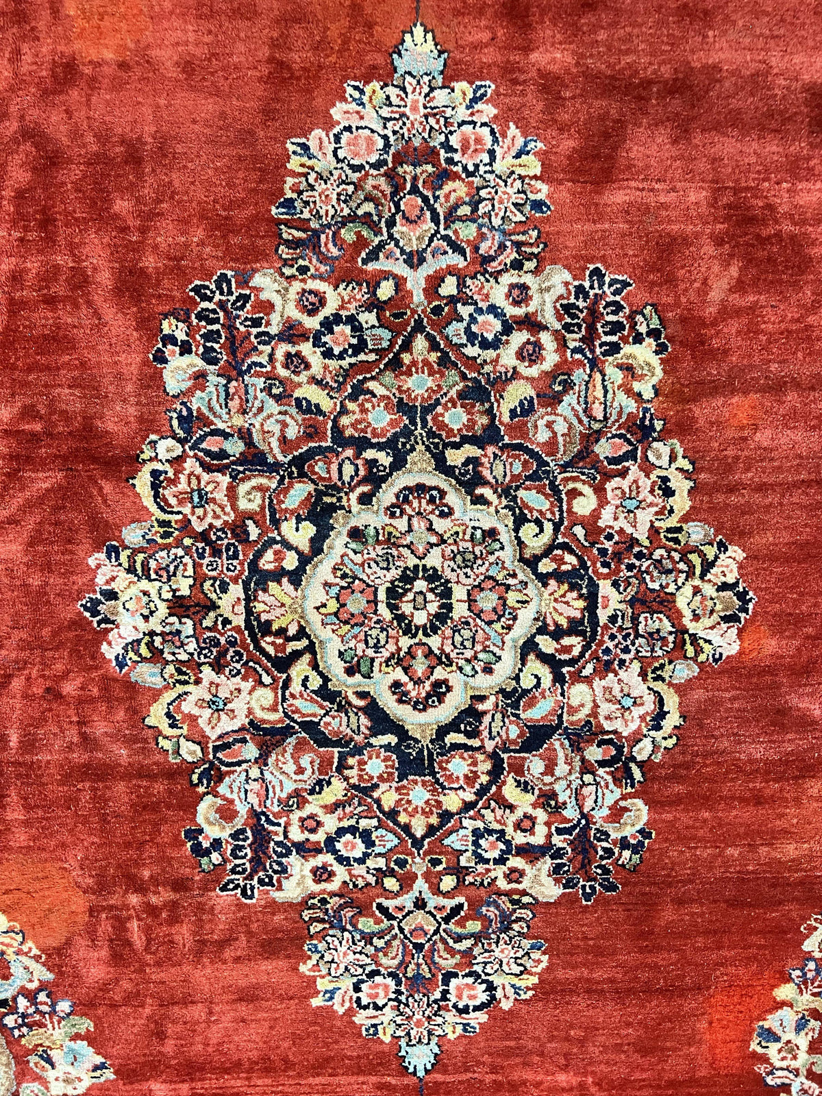 Persian Sarouk Rug 11x14, Semi Open Field, Large Antique Persian Wool Handmade Carpet, Red and Dark Blue, Floral - Jewel Rugs, view 4