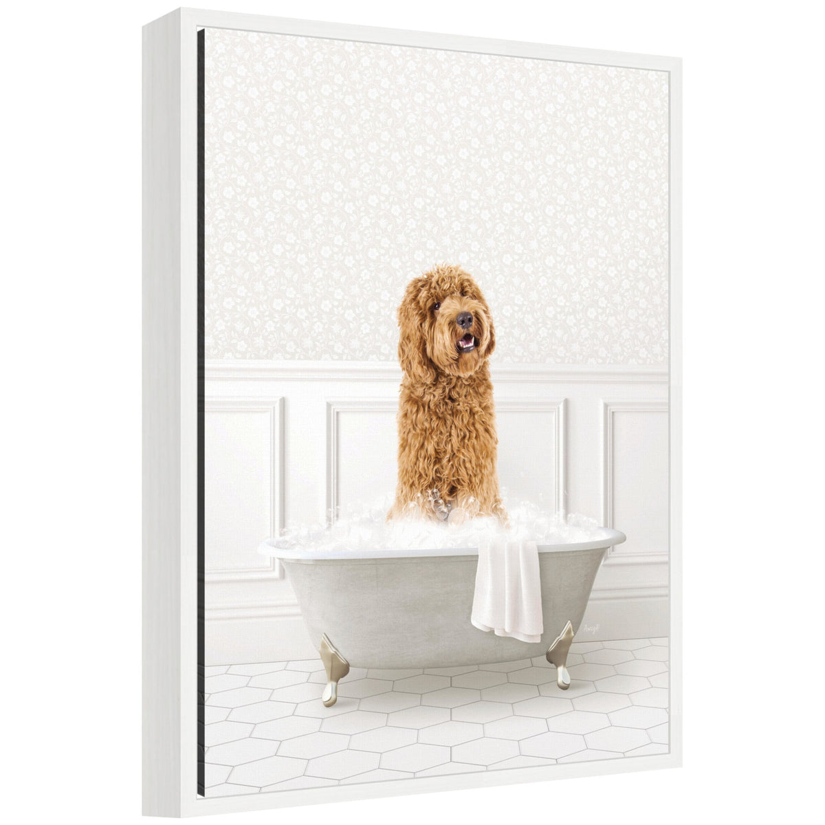 Sylvie Golden Doodle in White Bathtub Framed Canvas by Amy Peterson