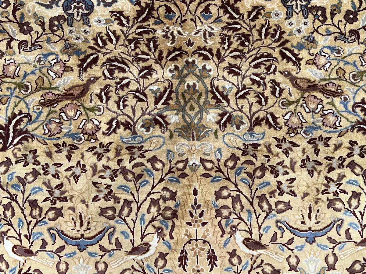 Pretty Indo Persian Rug 6x9, Allover Floral Motif with Birds, Tan/Cream, Very Fine Oriental Carpet, Hand Knotted Vintage Indian Wool Rug - Jewel Rugs, view 4