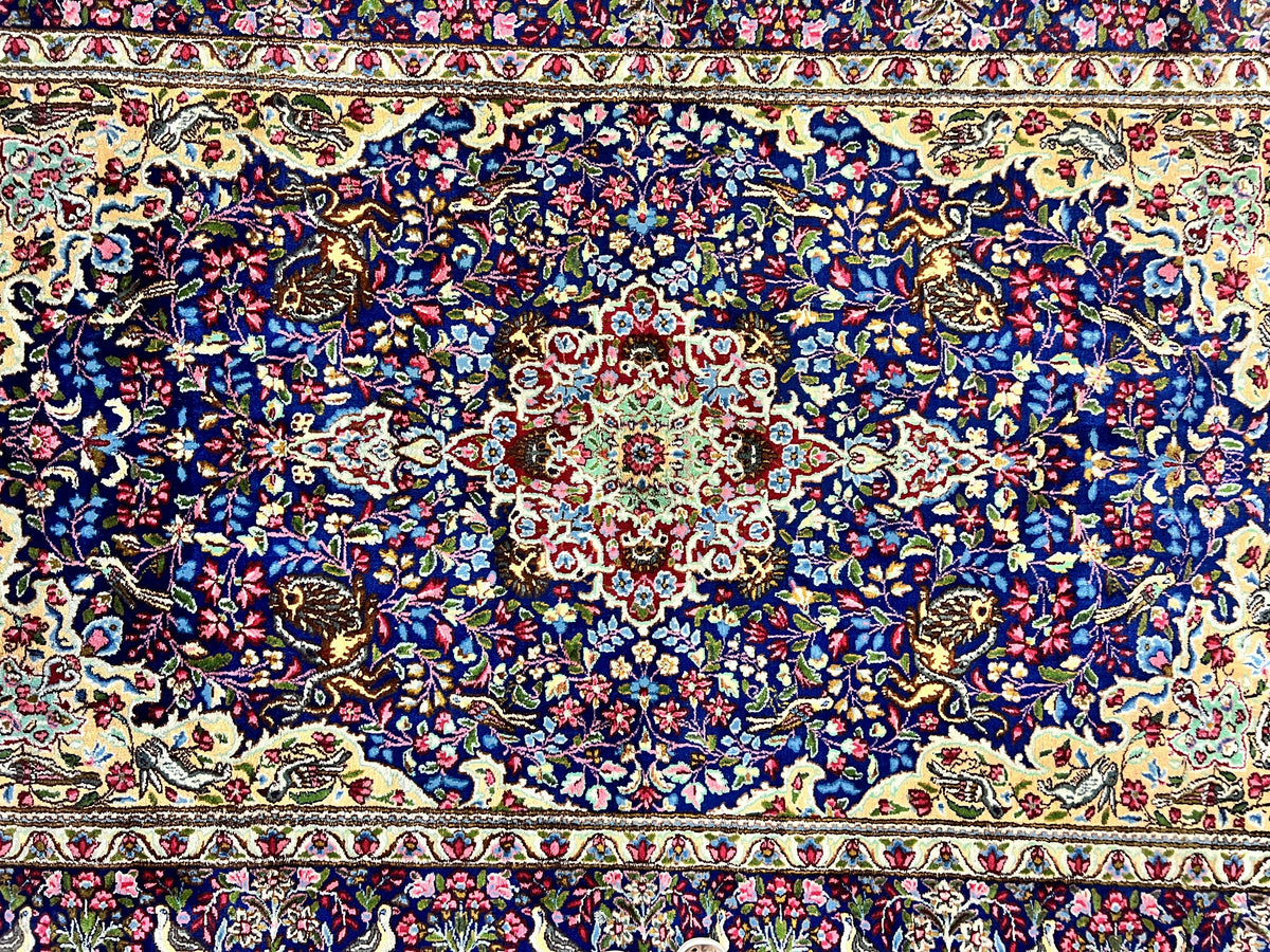 Persian Kirman Rug 6x9, Floral Medallion Vintage Wool Handmade Carpet 6 x 9, Animal Pictorials Birds, Semi Antique, Navy Blue, Millefleur - Jewel Rugs, view 4
