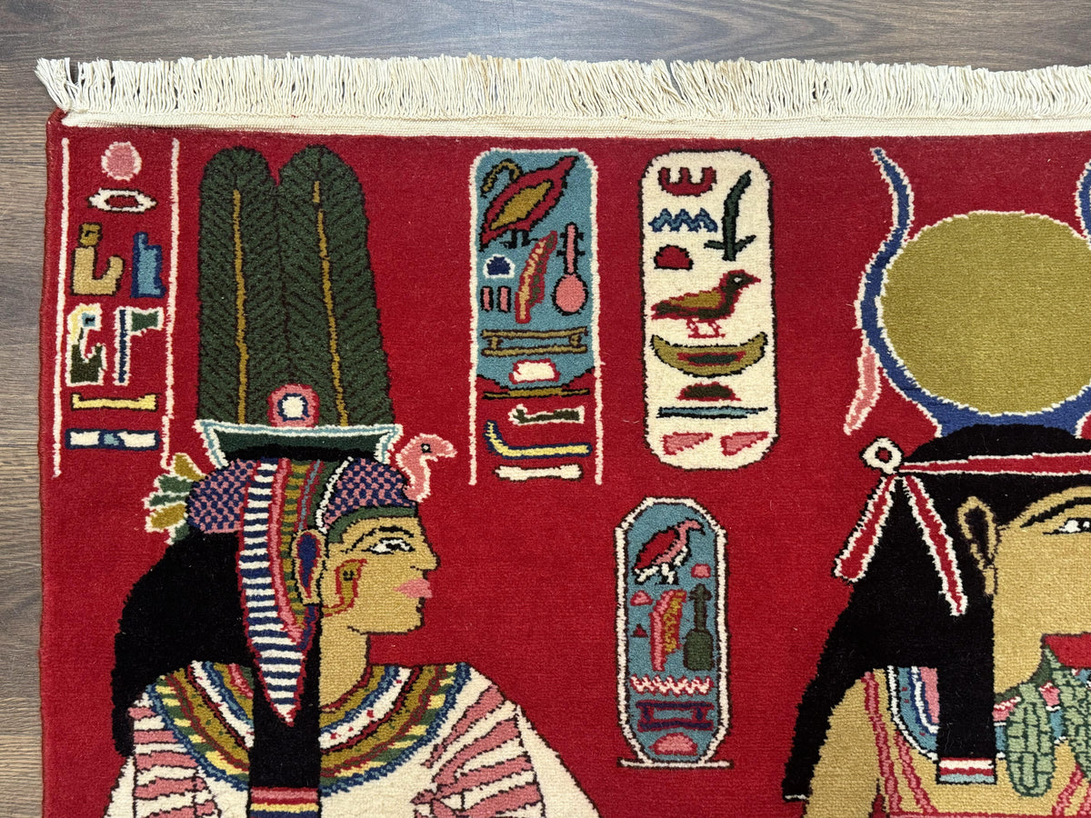 Egyptian Pictorial Rug 3x4, Hieroglyphic Pictorial Rug, Egyptian Prince and Princess, Cleopatra, Vintage Handmade, Red - Jewel Rugs, view 7