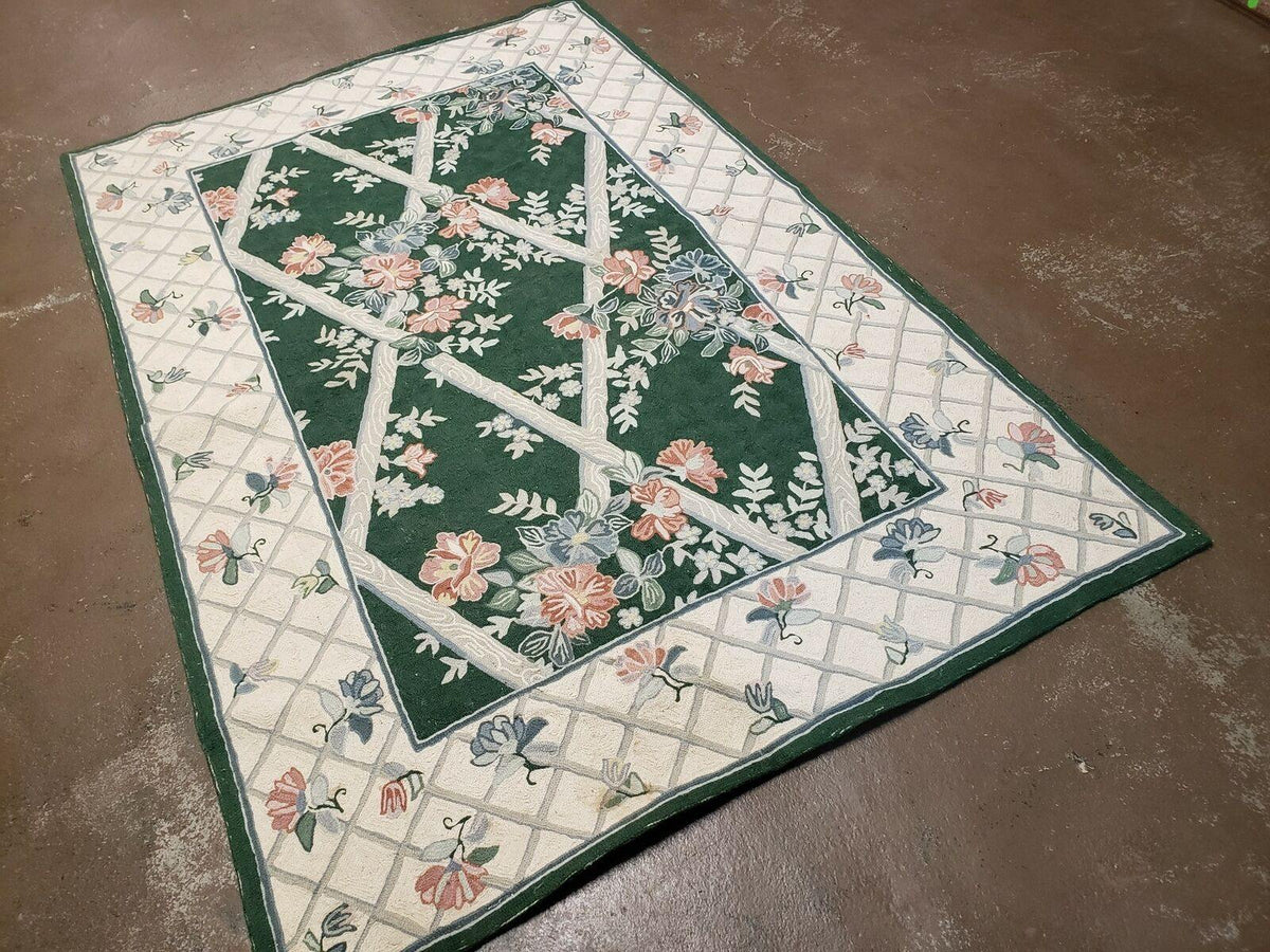 3' 6" X 5' 6" Hand Stitched Indian Wool Rug with Backing Green Beige - Jewel Rugs, view 3