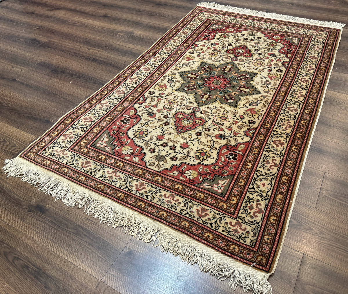 Turkish Sivas Rug 4x6, Floral Medallion, Beige Pink-Red Green, Handmade - Jewel Rugs, view 3