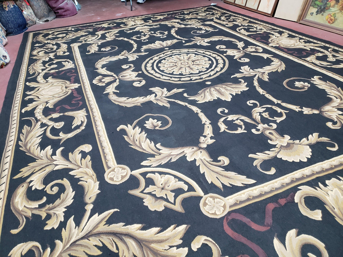Black and Tan Aubusson Rug, 10 x 14 Aubusson Carpet, New Aubusson Rug, Elegant, Wool, Handmade Area Rug, Flatweave Rug, Large Aubusson Rug - Jewel Rugs, view 3