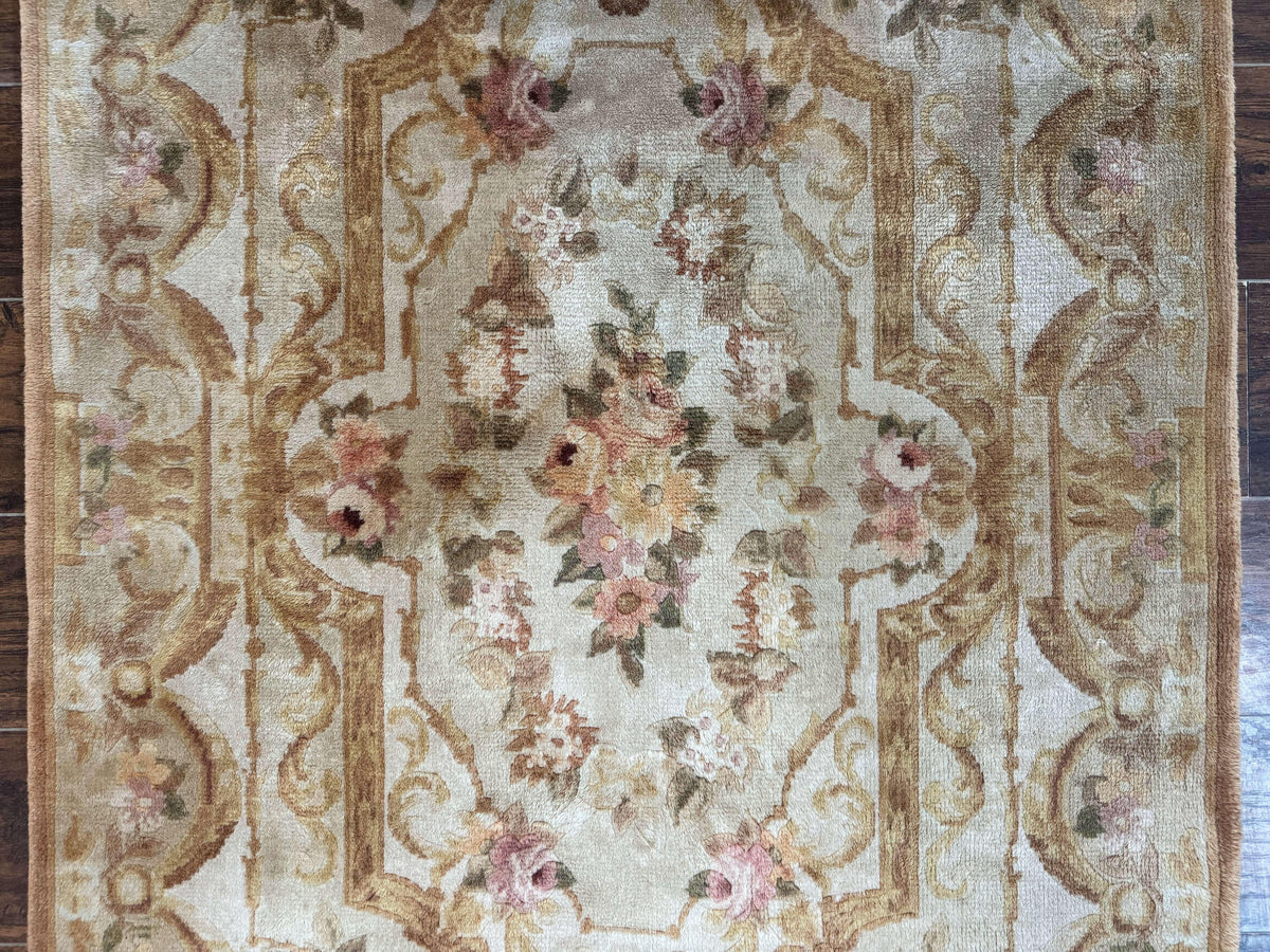 Chinese Aubusson Rug 3.6 x 5, Beige and Gold, Handmade Vintage Elegant European Design Carpet, Plush Wool, Handmade - Jewel Rugs, view 5