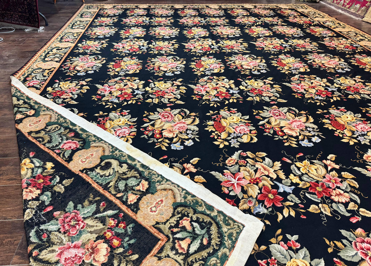 Palace Size Needlepoint Rug 12x16, Black and Colorful, Floral Panel, Handmade Oversized Wool Needlepoint Carpet, Rare - Jewel Rugs, view 12