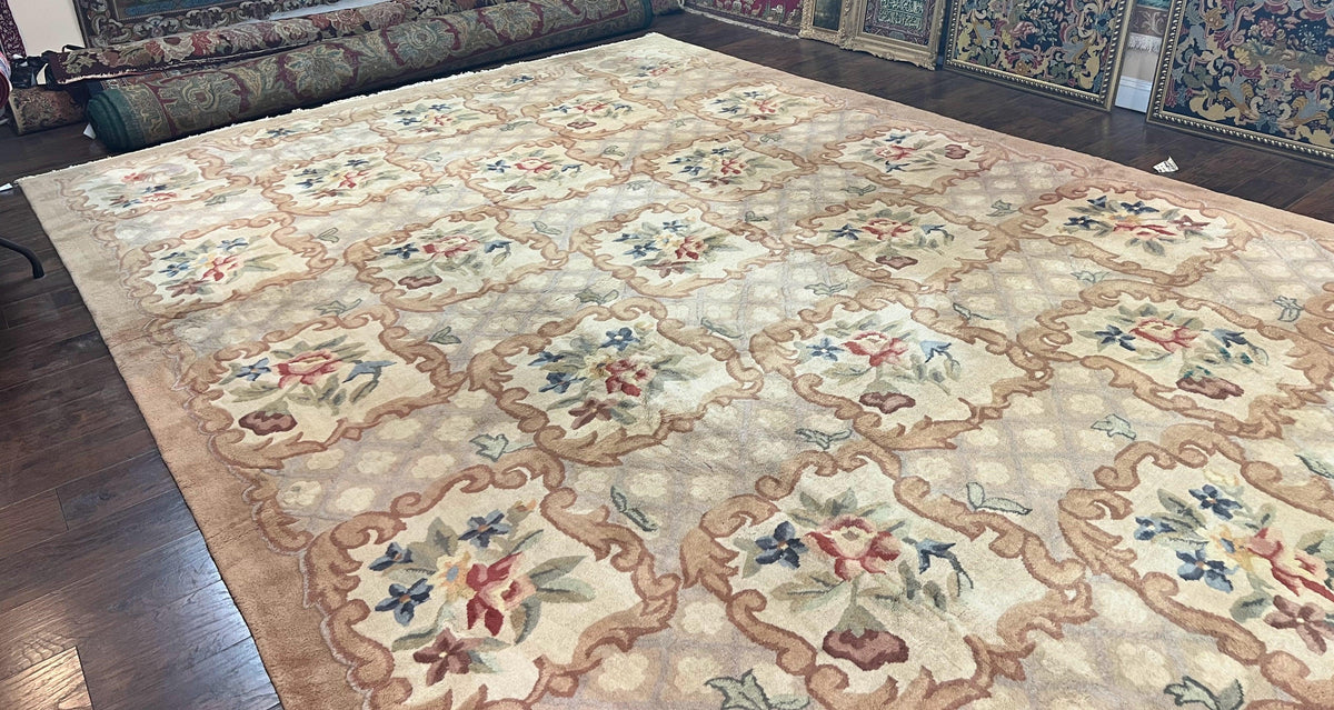 Indo Chinese Aubusson Wool Rug 11x16, Palace Sized Carpet, Oversized Handmade Vintage Rug, European Design - Jewel Rugs, view 3