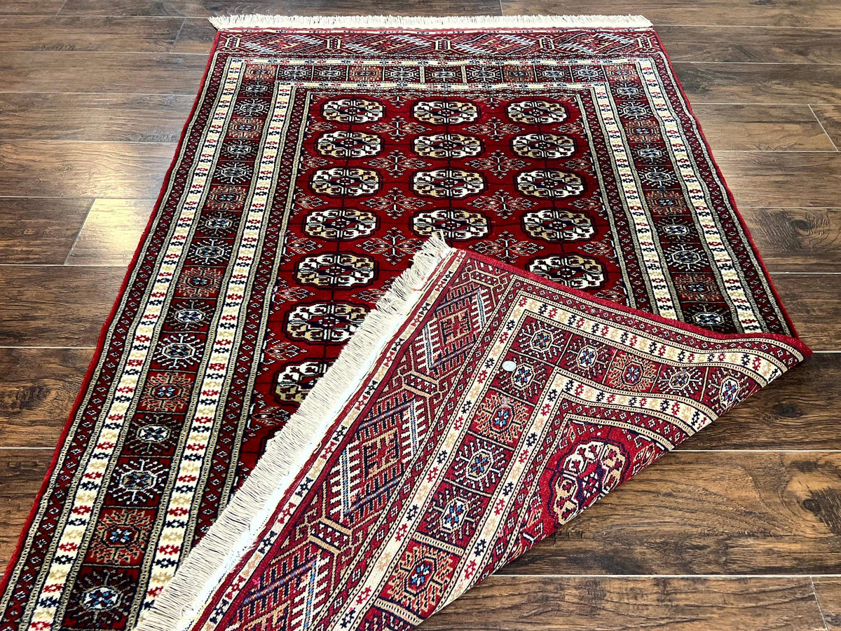 Pakistani Bokhara Rug 4x6, Red Turkoman Carpet, Finely Hand Knotted, Wool Vintage Rug - Jewel Rugs, view 11