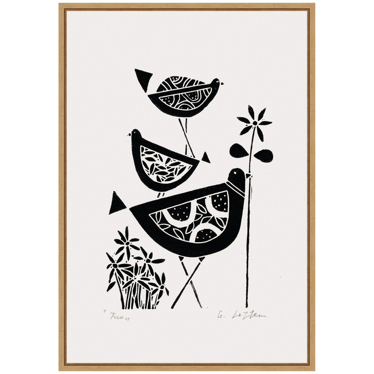 Sylvie Folk Bird Family Trio Linocut Framed Canvas by Giuliana Lazzerini