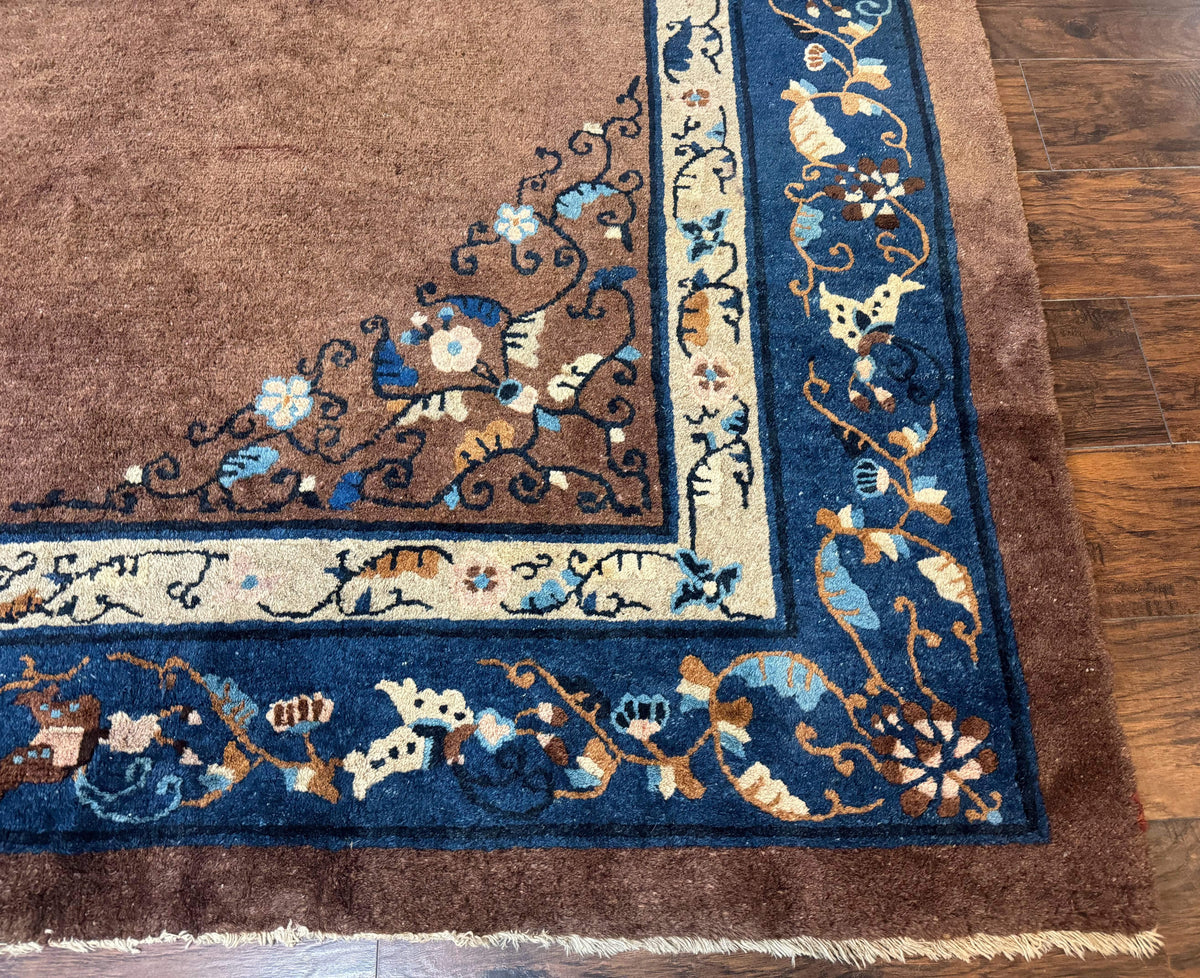 Antique Chinese Wool Rug 9x11, Large Chinese Art Deco Rug, Peking Rug, Brown and Blue, Open Field, Fete Rug - Jewel Rugs, view 10