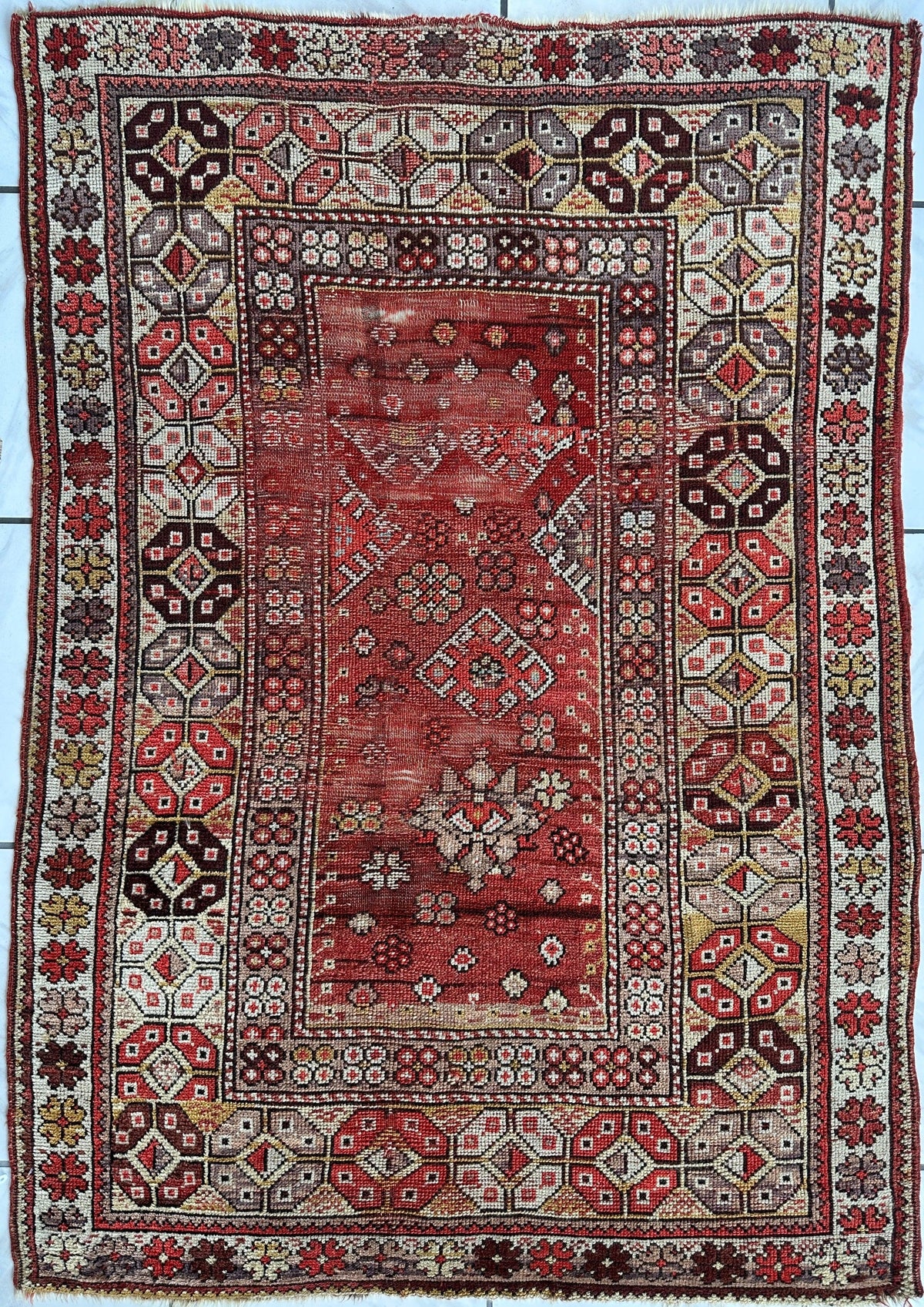 Antique Turkish Prayer Rug 4x6 | Red, Ivory & Brown | Hand-Knotted Wool - Rugistan